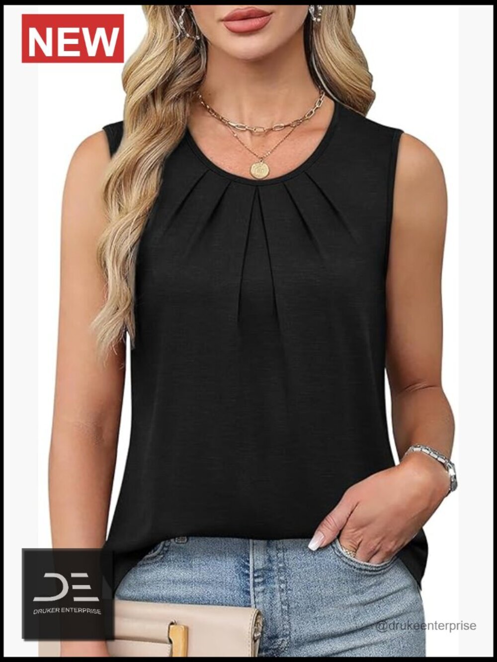 Flowy Business Casual Pleated Front Tank Top Loose Fit Sleeveless